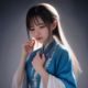 影视内容编辑林小雨的工作照，女性，手持笔记本，坐于咖啡馆，神情专注认真